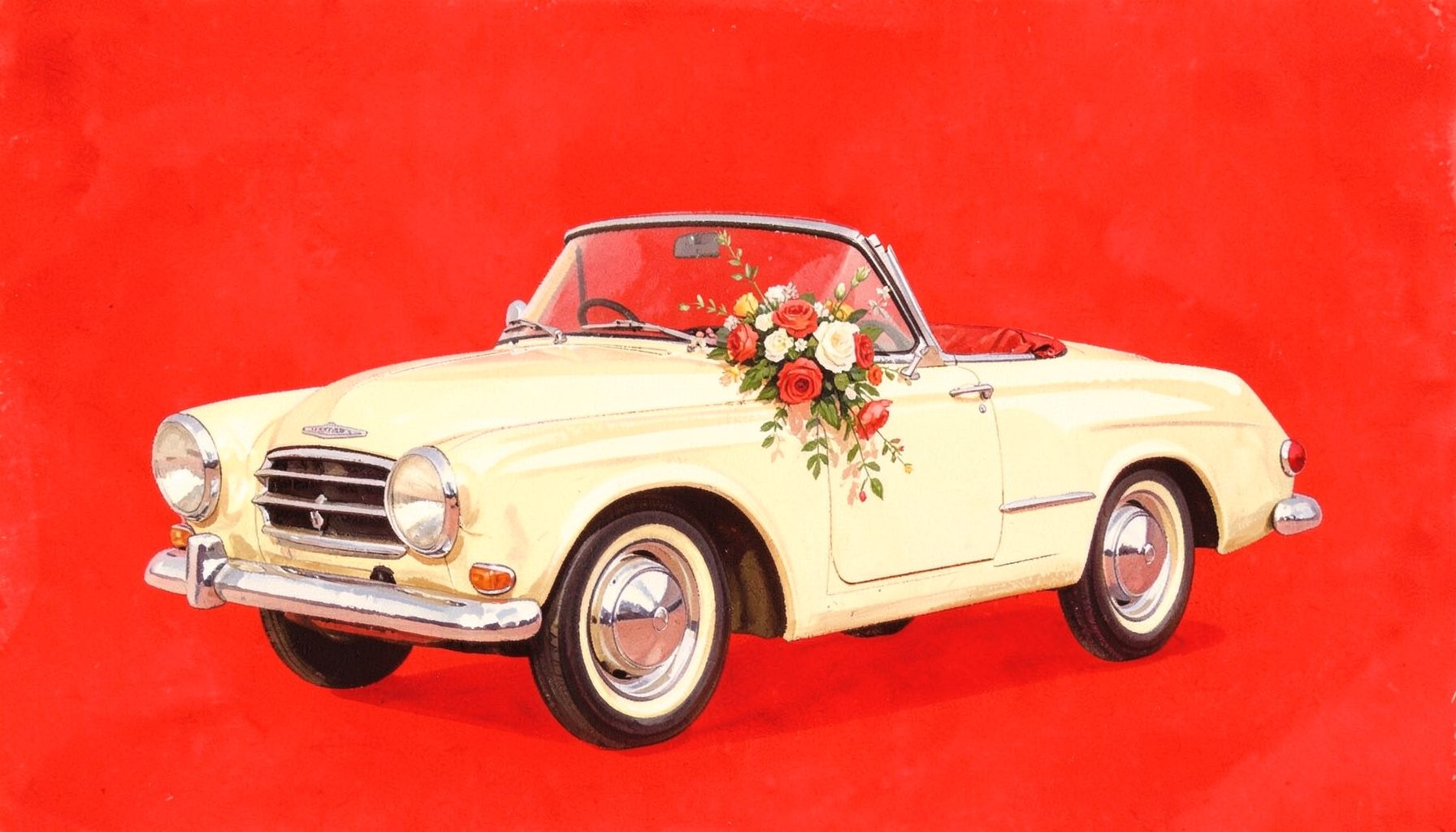 Matte gouache painting of a vintage cream-colored convertible with wedding flowers, soft warm light and romantic mood